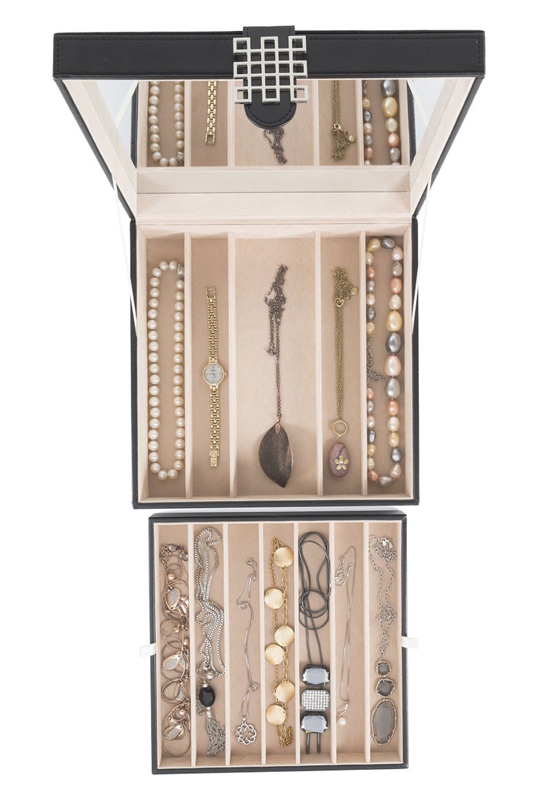 Glenor Co 12 Section Necklace Organizer - Large Mirror - 2 Trays - PU Leather - Black - Jewelry Box - Modern Buckle Closure - Fits Necklace & Bracelet - Jewelry Holder for Women Teens & Girls - Image 3